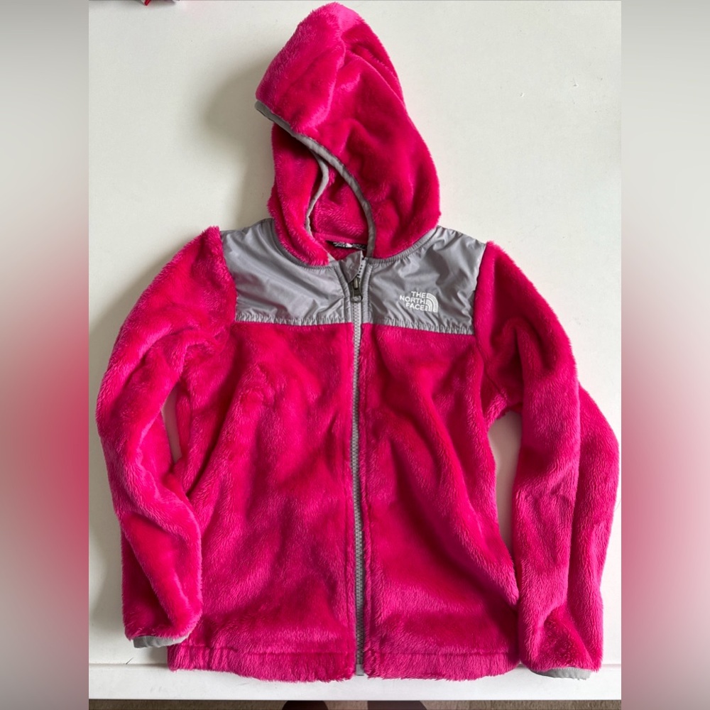 North Face Jacket Girls Size 5T Magenta/Gray Hooded Zip Fuzzy Fleece EUC